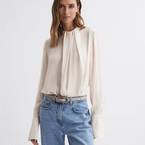 Reiss Cream pleated front, long sleeve blouse